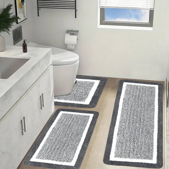 LEFXSMR Bathroom Rug Set, 3 Set Soft Absorbent Bathroom Rugs, Quick Dry Non-slip Bath Mat for Tub Shower, Gray