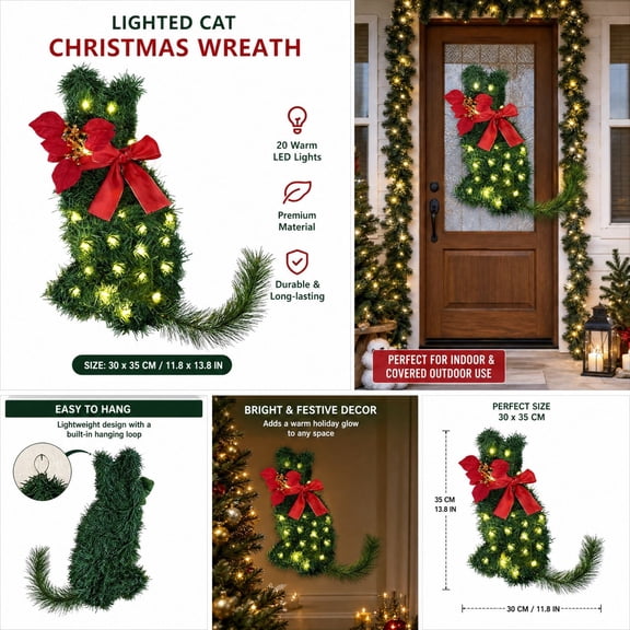 LEFXSMR Cat Shaped Christmas Wreath, Creative Lighted Artificial Pine Wreath with Bow Poinsettia, Christmas Wreaths for Front Door Home Holiday