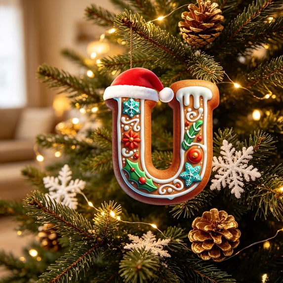 LEFXSMR Christmas Initial Ornaments, 3.9" Gingerbread Letter Ornaments with Santa Hat, Letters Christmas Tree Decorations DIY Decor Party Gifts, U