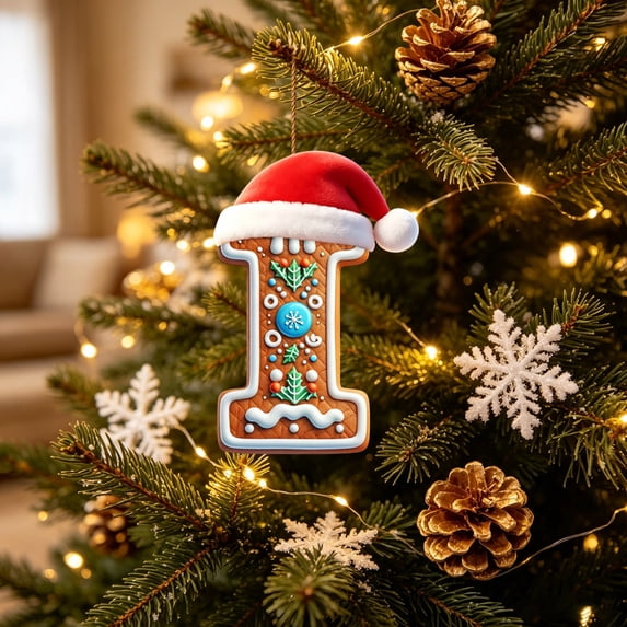 LEFXSMR Christmas Initial Ornaments, 3.9" Gingerbread Letter Ornaments with Santa Hat, Letters Christmas Tree Decorations DIY Decor Party Gifts, I