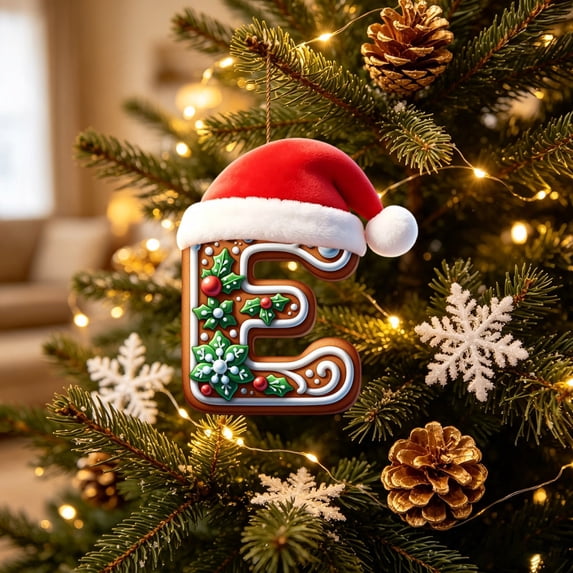 LEFXSMR Christmas Initial Ornaments, 3.9" Gingerbread Letter Ornaments with Santa Hat, Letters Christmas Tree Decorations DIY Decor Party Gifts, E