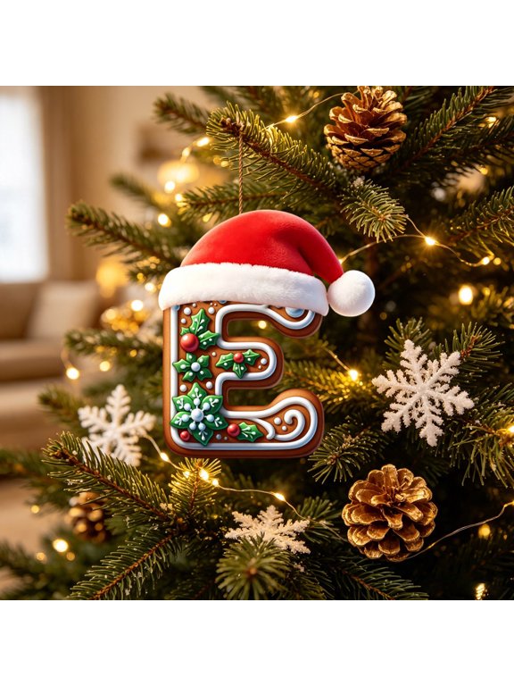 Christmas Initial Ornaments, 3.9" Gingerbread Letter Ornaments with Santa Hat, Letters Christmas Tree Decorations DIY Decor Party Gifts, E