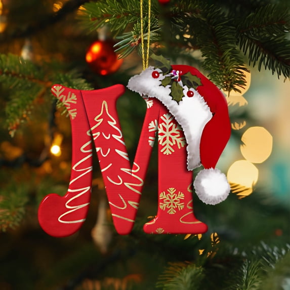 LEFXSMR Christmas Initial Ornaments, Red Letter Ornaments with Santa Hat, Letters Christmas Tree Decorations for Christmas Tree Party Supplies