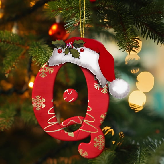 LEFXSMR Christmas Initial Ornaments, Red Letter Ornaments with Santa Hat, Letters Christmas Tree Decorations for Christmas Tree Party Supplies