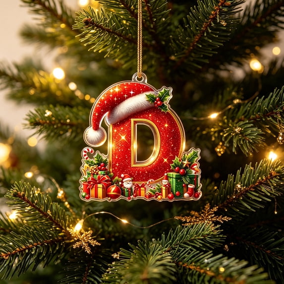 LEFXSMR Christmas Letter Ornaments, Red Initial Ornaments with Santa Hat Gift, Letters Christmas Decorations for Christmas Tree Party Supplies, D