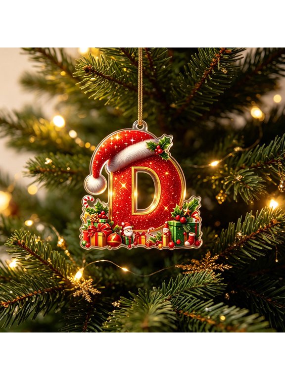 Christmas Letter Ornaments, Red Initial Ornaments with Santa Hat Gift, Letters Christmas Decorations for Christmas Tree Party Supplies, D