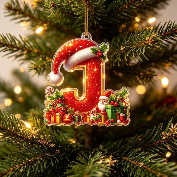 LEFXSMR Christmas Letter Ornaments, Red Initial Ornaments with Santa Hat Gift, Letters Christmas Decorations for Christmas Tree Party Supplies, J