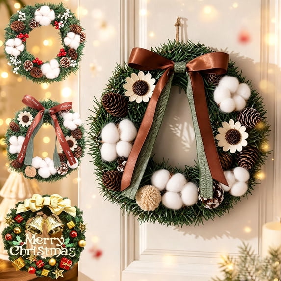 LEFXSMR Christmas Wreaths for Front Door, 12" Christmas Wreath with Bow Cotton Pinecone, Christmas Decorations for Porch Window Mantel Home