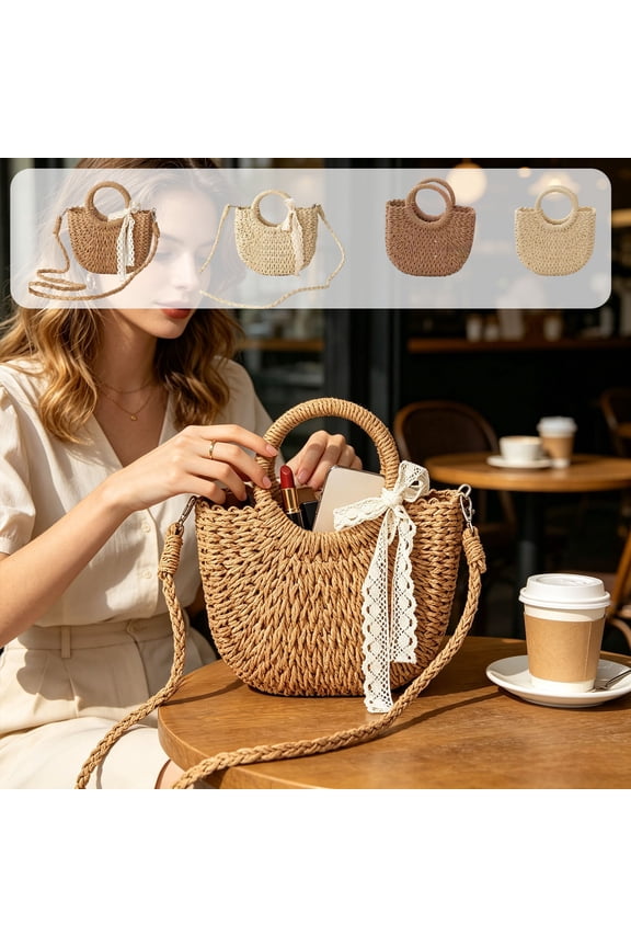 Crossbody Bags for Women, Faux Wicker Vacation Style Handbag, Handmade Rattan Woven Beach Bag for Women Travel, Khaki