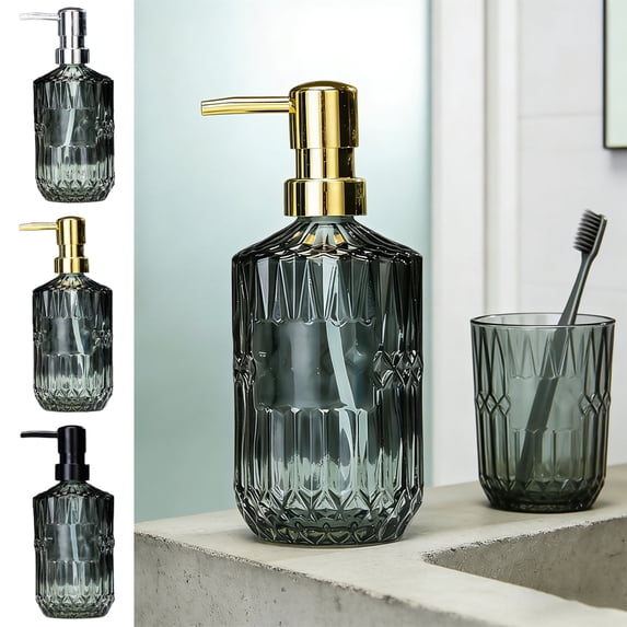 LEFXSMR Glass Soap Dispenser, Dish & Hand Soap Dispenser Bathroom, Liquid Storage Pump Bottle for Bathroom Kitchen, 15.2 Oz Black