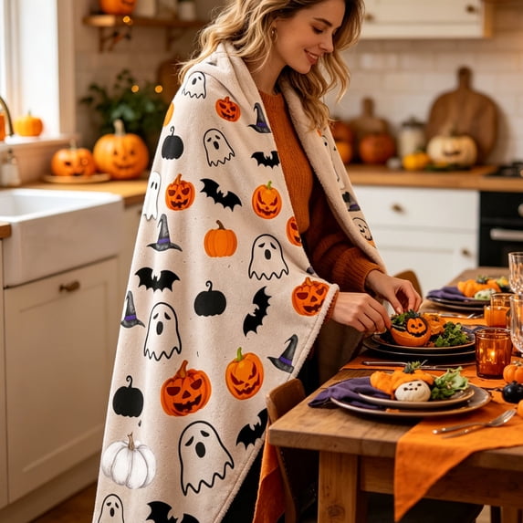 LEFXSMR Halloween Blanket Flannel Ghost Gnome Pumpkin Decor Holiday Fall Throw Blanket for Couch Bed Halloween Decorations, 27.56*39.37"