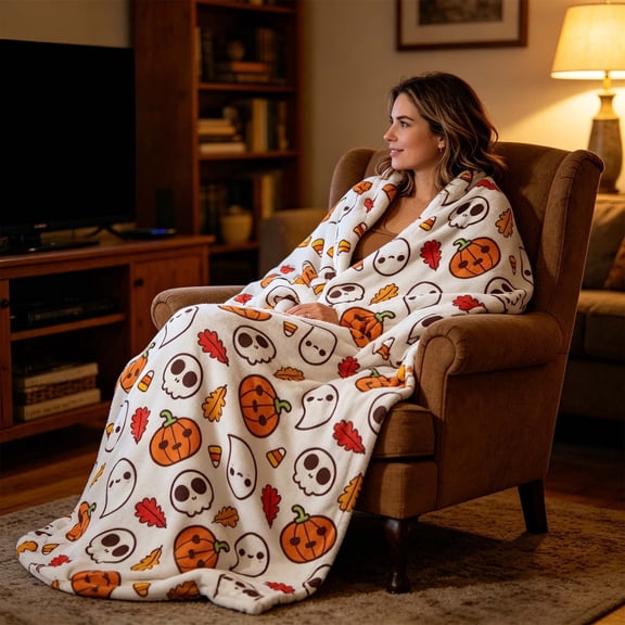 LEFXSMR Halloween Blanket Fleece Fall Throw Blanket for Couch Ghost & Pumpkin-themed Halloween Decoration for Home Holiday Sofa Bed, 27.55x39.37"