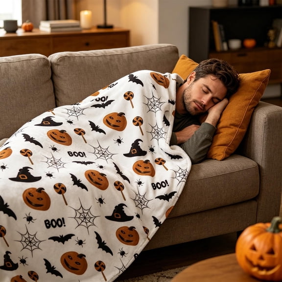 LEFXSMR Halloween Blanket Fleece Fall Throw Blanket for Couch Ghost & Pumpkin-themed Halloween Decoration for Home Holiday Sofa Bed, 27.55x39.37"