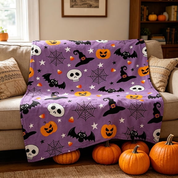LEFXSMR Halloween Blanket Fleece Fall Throw Blanket for Couch Ghost & Pumpkin-themed Halloween Decoration for Home Holiday Sofa Bed, 39.37x59.05"