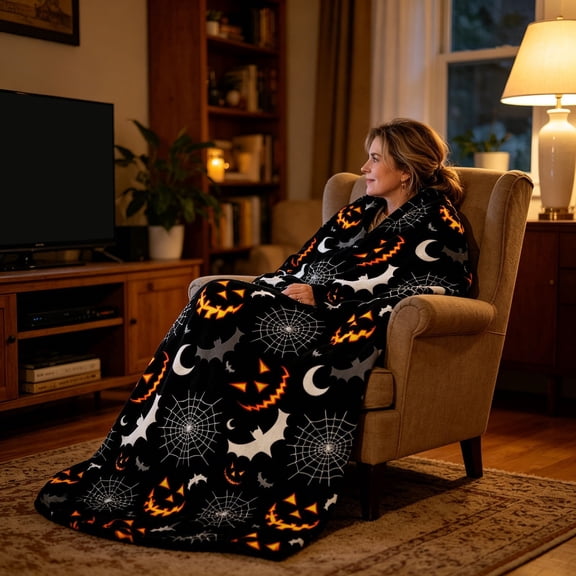 LEFXSMR Halloween Blanket Fleece Fall Throw Blanket for Couch Ghost & Pumpkin-themed Halloween Decoration for Home Holiday Sofa Bed, 51.18x59.05"