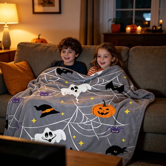 LEFXSMR Halloween Blanket Fleece Fall Throw Blanket for Couch Ghost & Pumpkin-themed Halloween Decoration for Home Holiday Sofa Bed, 51.18x59.05"