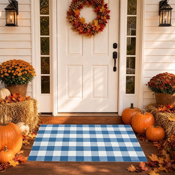 LEFXSMR Large Plaid Welcome Mat, 31.5*19.9 inch Thanksgiving Non-Slip Front Door Mat, Hand-Woven Washable Outdoor Rug Entrance Fall Decor