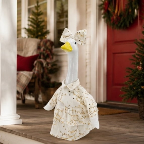 LEFXSMR Porch Goose Christmas Outfits, Thread Branch Print Christmas Goose Outfit with Bow, 23" Porch Goose Outfits for Garden Yard Lawn Outdoor
