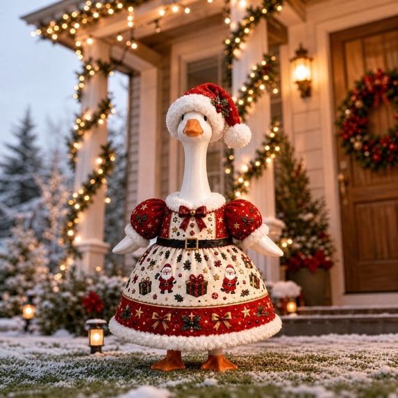 LEFXSMR Porch Goose Christmas Outfits, Vintage 23" Christmas Goose Outfit with Hat, Christmas Decorations for Lawn Gooses Statue