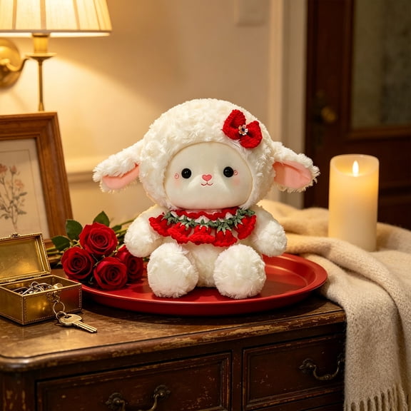 LEFXSMR Sheep Plush Toys, Knitted Shawl Stuffed Animal Doll, Crochet Bow Lamb for Holiday Gifts