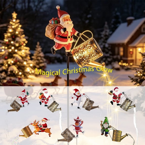 LEFXSMR Solar Christmas Lights Outdoor, Watering Can Santa Claus Solar Lights Outdoor, Christmas Decorations for Garden Pathway Patio Yard Porch