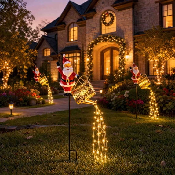 LEFXSMR Solar Christmas Lights Outdoor, Watering Can Santa Claus Solar Lights Outdoor, Christmas Decorations for Garden Pathway Patio Yard Porch