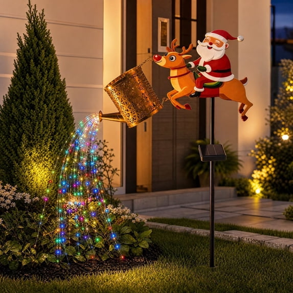 LEFXSMR Solar Christmas Lights Outdoor, Watering Can Santa Claus Solar Lights Outdoor, Christmas Decorations for Garden Pathway Patio Yard Porch