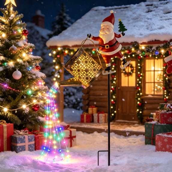 LEFXSMR Solar Christmas Lights Outdoor, Watering Can Santa Claus Solar Lights Outdoor, Christmas Decorations for Garden Pathway Patio Yard Porch