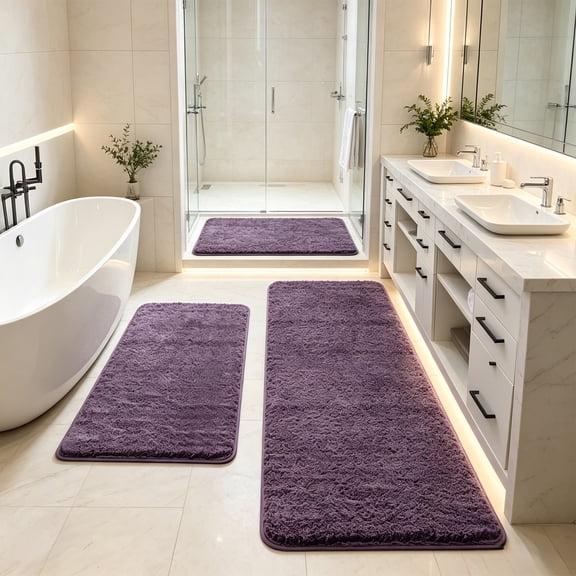 LEFXSMR Solid Color Bathroom Rug Set, 3 Pieces Shaggy Soft Thick Plush Bathroom Rugs, Non-slip Quick Dry Absorbent Bath Mats for Bathroom Toilet, Purple