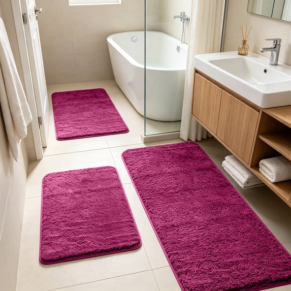 LEFXSMR Solid Color Bathroom Rug Set, 3 Pieces Shaggy Soft Thick Plush Bathroom Rugs, Non-slip Quick Dry Absorbent Bath Mats for Bathroom Toilet, Red