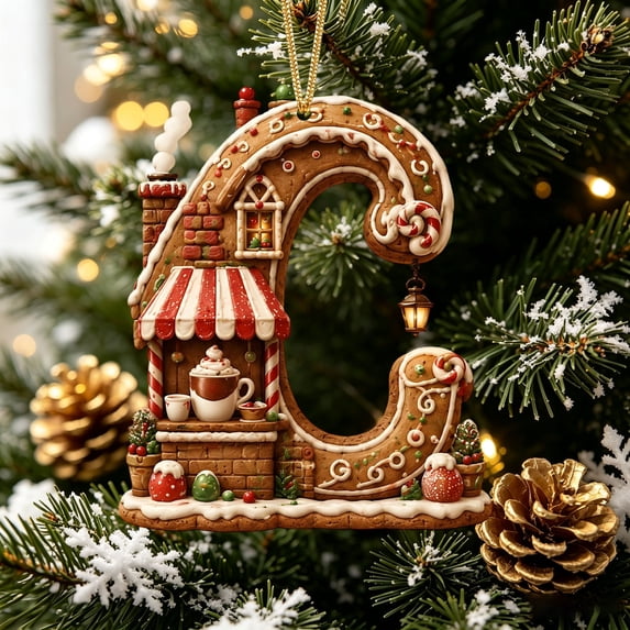 LEFXSMR Xmas Letter Ornaments, House-shaped Gingerbread Festive Initial Ornaments, Alphabet Christmas Decorations for Xtmas Tree Party Gifts, C