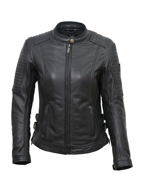 Legacy Women's Black Leather Motorcycle Jacket Classic Biker Style with Integrated Shell & Removable Lining