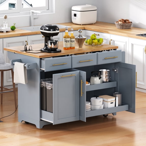 LEGAHOME 59.3” Kitchen Island with Rubberwood Drop-Leaf Top, Rolling Cart with 3 Drawers, Power Outlet, Trash Can Cabinet, Modern Kitchen Island Cart with Spice and Towel Rack for Dining Room, Blue