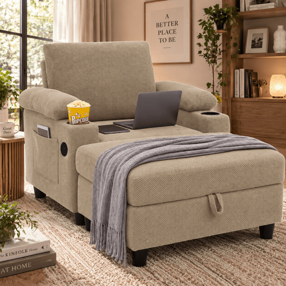 LEGAHOME Accent Chair with Storage Ottoman, Upholstered Living Room Chair with Adjustable Backrest, Cupholder and USB-C Port, Modern Arm Chair for Living Room, Bedroom, Wood Frame, Camel