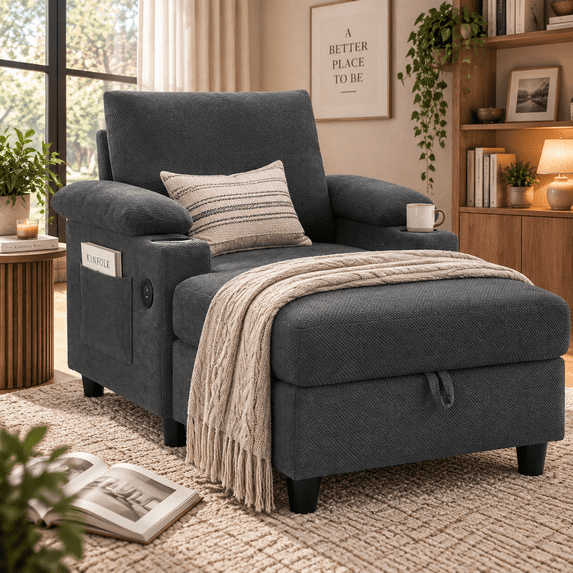 LEGAHOME Accent Chair with Storage Ottoman, Upholstered Living Room Chair with Adjustable Backrest, Cupholder and USB-C Port, Modern Arm Chair for Living Room, Bedroom, Wood Frame, Dark Gray