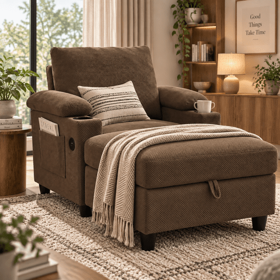LEGAHOME Accent Chair with Storage Ottoman, Upholstered Living Room Chair with Adjustable Backrest, Cupholder and USB-C Port, Modern Arm Chair for Living Room, Bedroom, Wood Frame, Coffee
