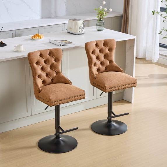 LEGAHOME Adjustable Bar Stools Set of 2, 26” Swivel Counter Height Bar Stools with Handcrafted Buttons and Hammered Rivets, Vintage American Bar Stools for Kitchen Island, Bar, Home, Orange