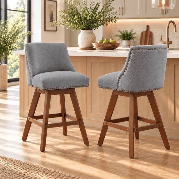 LEGAHOME Swivel Bar Stools Set of 2, 26” Upholstered Counter Height Bar Stools with Curved Backrest and Nailhead Trim, Modern Bar Stools with Wood Legs for Kitchen Island, Bar, Dining Room, Gray
