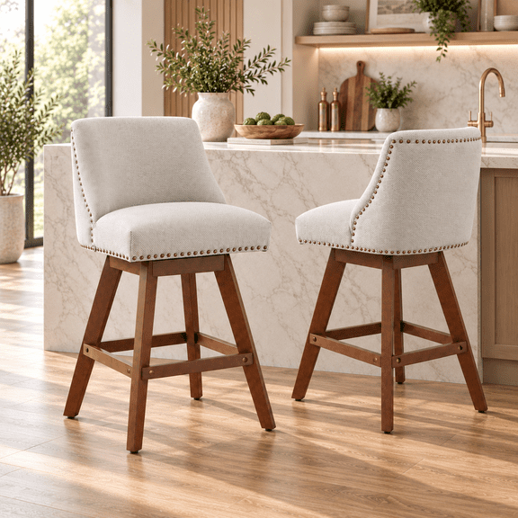 LEGAHOME Swivel Bar Stools Set of 2, 26” Upholstered Counter Height Bar Stools with Curved Backrest and Nailhead Trim, Modern Bar Stools with Wood Legs for Kitchen Island, Bar, Dining Room, Beige