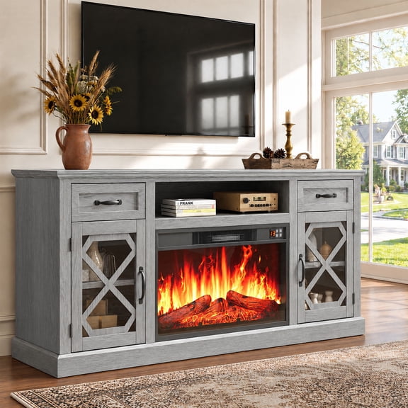 LEGAHOME Gray Fireplace TV Stand for 65 inch TV, Farmhouse 59in Entertainment Center with 23in Electric Fireplace, 2 Drawers and Glass Door, for 400Sqt Heating Area