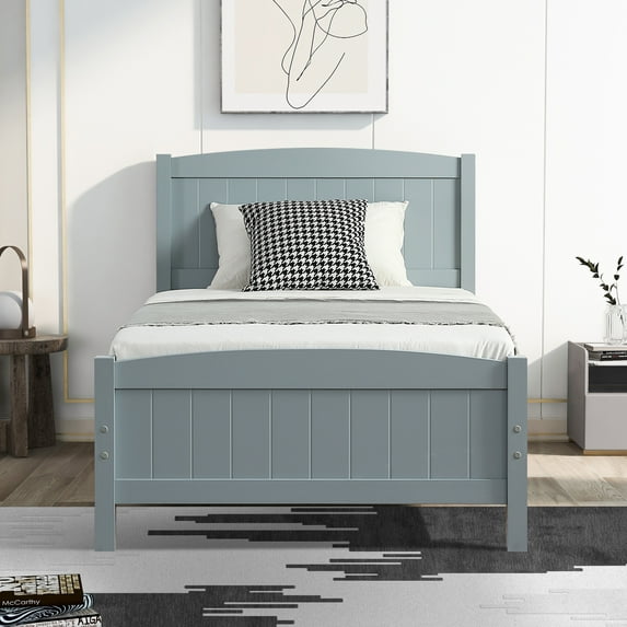 PAPROOS Gray Wooden Twin Platform Bed Frame with Headboard, Twin Size Bed Frame, No Box Spring Needed