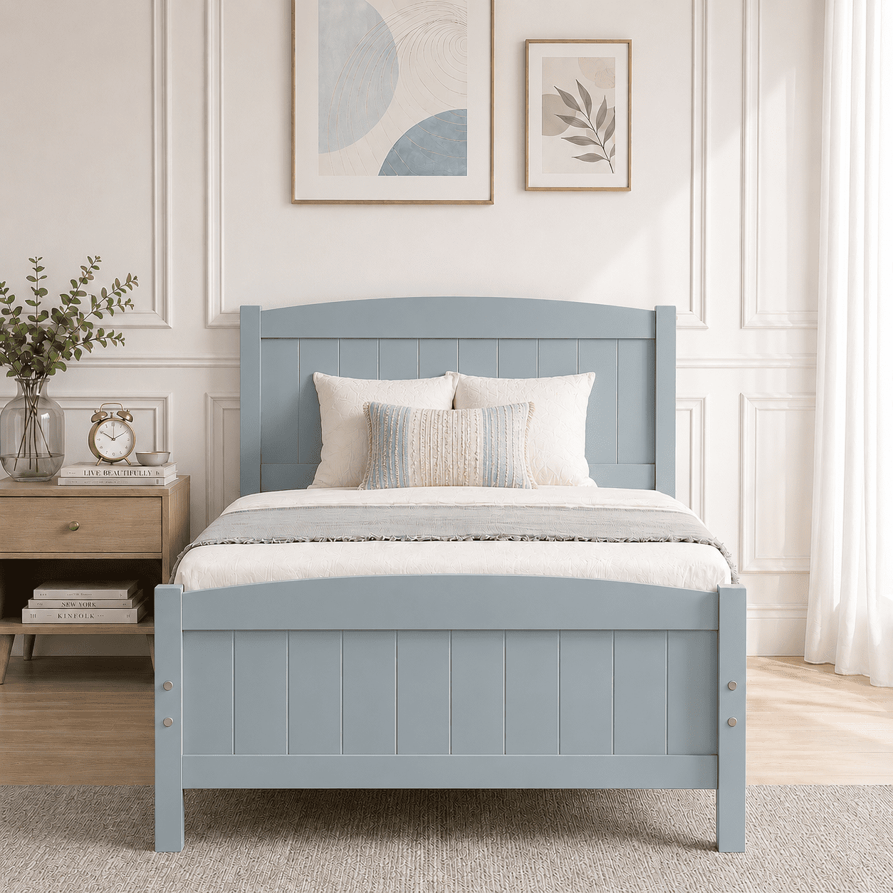 PAPROOS Gray Wooden Twin Platform Bed Frame with Headboard, Twin Size Bed Frame, No Box Spring Needed
