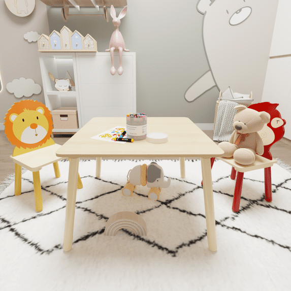 PAPROOS Kids Table and 2 Chairs Set, 3 Pieces Wood Activity Table Drawing Play Table and Animals Chairs Set, Adorable Study Desk Table Chairs Set for Toddler