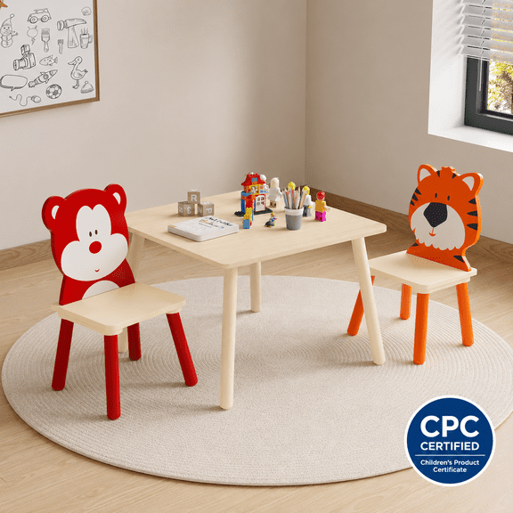 LEGAHOME Kids Table and 2 Chairs Set, 3 Pieces Wooden Activity Drawing Play Table with Adorable Animals Chairs, Bear&Tiger