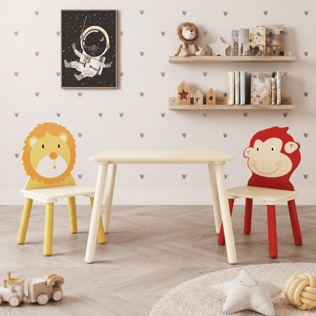 LEGAHOME Kids Table and 2 Chairs Set, 3 Pieces Wood Activity Table Drawing Play Table and Animals Chairs Set, Adorable Study Desk Table Chairs Set for Toddler