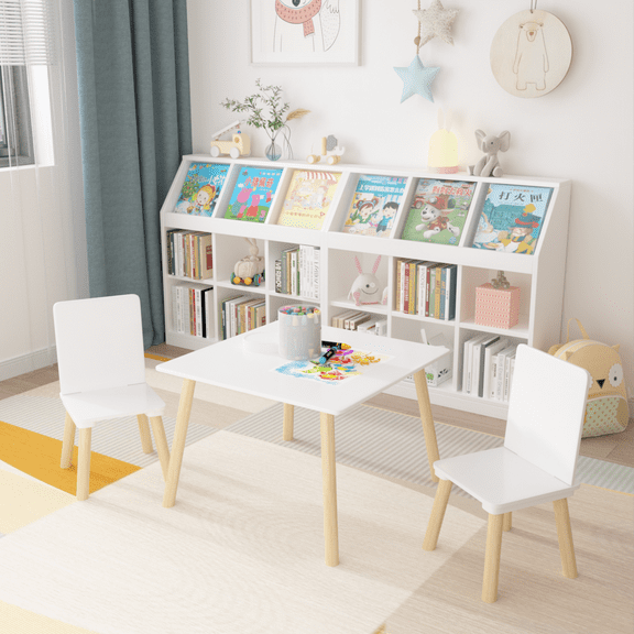 PAPROOS Kids Table and 2 Chairs Set, 3 Pieces Wood Activity Table Drawing Play Table and Chairs Set, Adorable Study Desk Table Chairs Set for Toddler, White