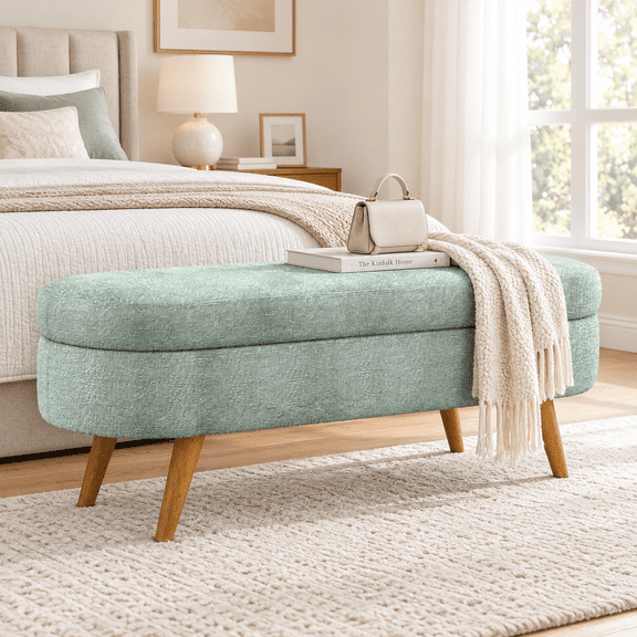 LEGAHOME 43” Oval Storage Ottoman Bench, End of Bed Bench with Wood Legs, Sturdy Frame, 250lb Capacity for Bedroom, Apartments & Dorms, Cyan