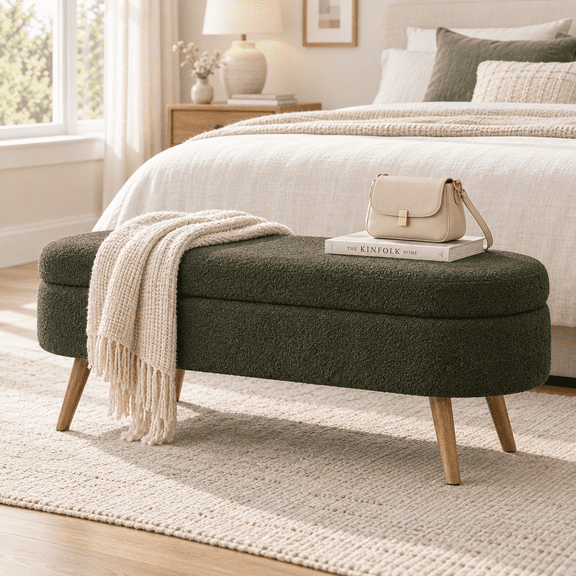 LEGAHOME 43” Oval Storage Ottoman Bench, End of Bed Bench with Wood Legs, Sturdy Frame, 250lb Capacity for Bedroom, Apartments & Dorms, Green