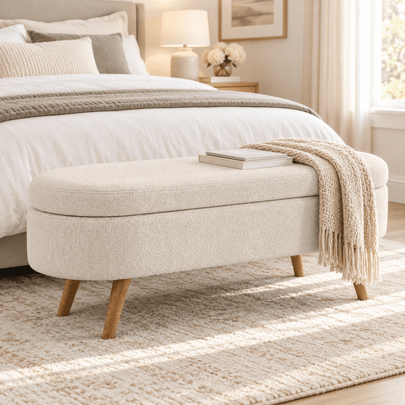 LEGAHOME 43” Oval Storage Ottoman Bench, End of Bed Bench with Wood Legs, Sturdy Frame, 250lb Capacity for Bedroom, Apartments & Dorms, Beige