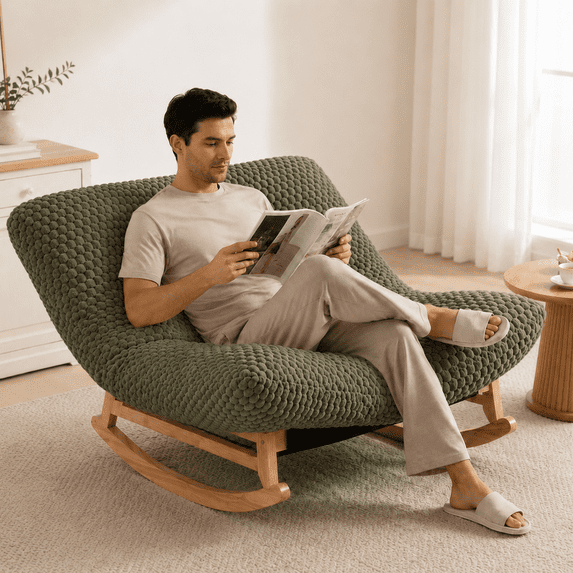 LEGAHOME Oversized Rocking Accent Chair Indoor, 41.3in Papasan Rocking Lounge Chair for Adults with Corduroy Cushion, Plush Reading Nook Chair for Living Room, Solid Wood Base, Antique Green